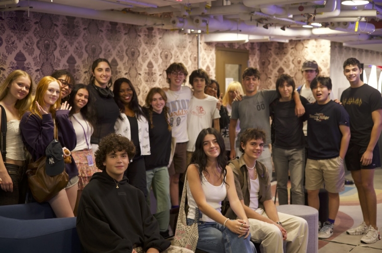 Group of Tisch Summer HIgh School Recorded Music students pose together for a photo at the Clive Davis Institute of Recorded Music.